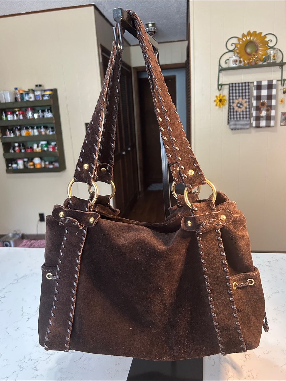 Abro Suede Shoulder Tote Bag in Dark Brown Made in Italy Genuine Leather